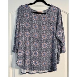 Philosophy Woman Blouse Womens 2X Navy Pink Medallion 3/4 Sleeve Stretch
